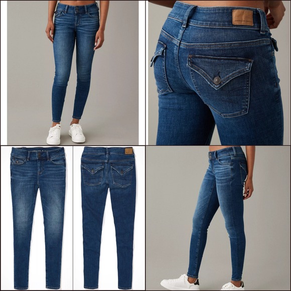 Y2K 00s 90s Low Rise Jeggings Dark Blue Skinny Jeans 16 Flap Pockets Flattering - Picture 2 of 12